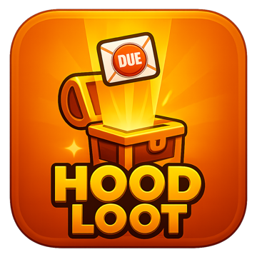 Hood Loot game badge: open chest, DUE envelope